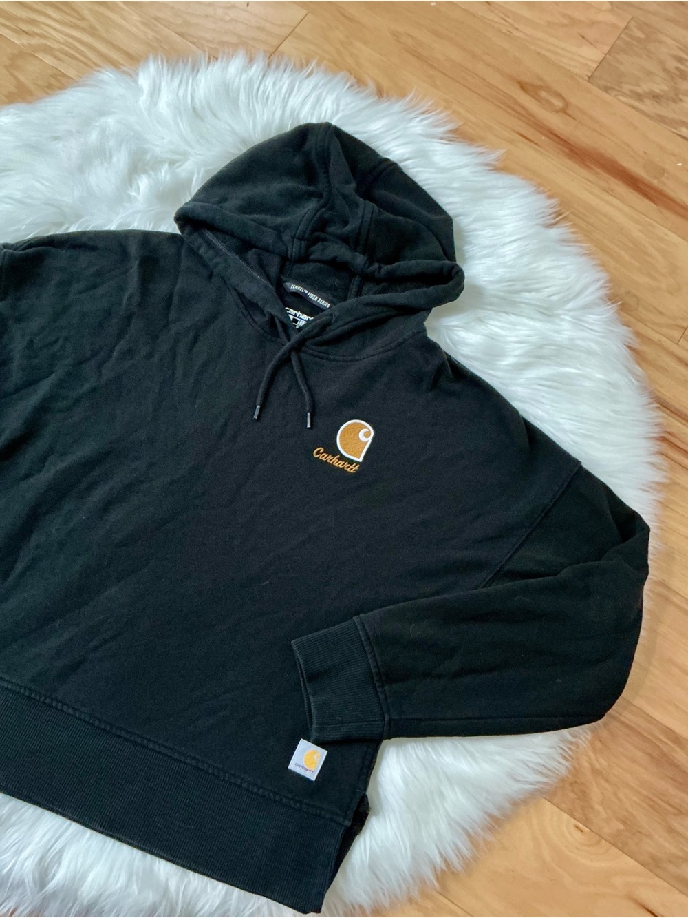 Carhartt Black Loose Fit Boxy CroppedHoodie with Tan/Gold Embroidered Logo Patch